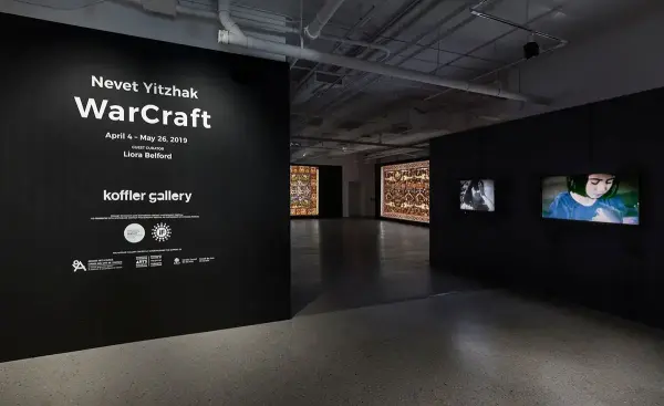 Nevet Yitzhak, WarCraft, 2014 & Shaista Latif, learning the language of my enemies, 2019 (Koffler Gallery installation detail), photo: Toni Hafkenscheid.