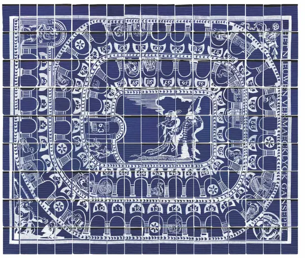 Ghazaleh Avarzamani, Game of Goose, digital embroidery on loofa 1, 2016.