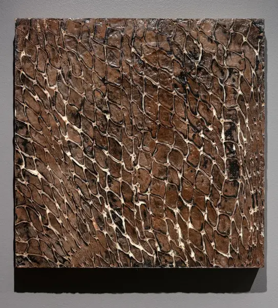 Nicole Collins, Being knowing willing, 2016, microcrystalline wax, black walnut on canvas on panel, 36” x 48”. Photo: Toni Hafkenscheid.