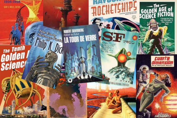 an array of vintage science fiction book covers in various languages