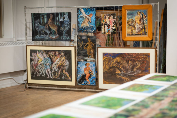 Framed artworks at the gallery