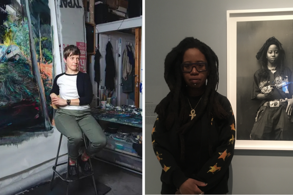 left: Gillian sitting in a chair in her studio. right: Kalmplex posing next to a portrait of himself