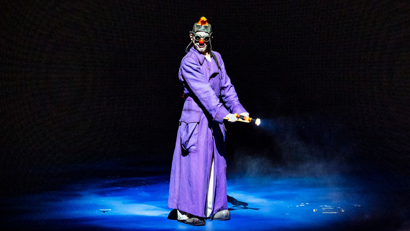 Professional clown Jesse Buck, performing on stage as Professor Eff.